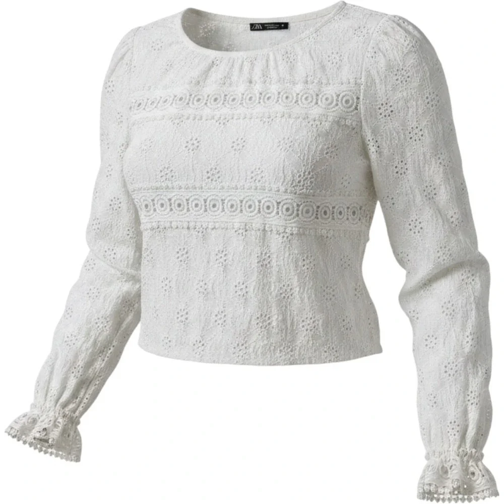 Zara White Eyelet Lace Blouse Long Puff Sleeve Ruffle Cuff Boho Top Medium
